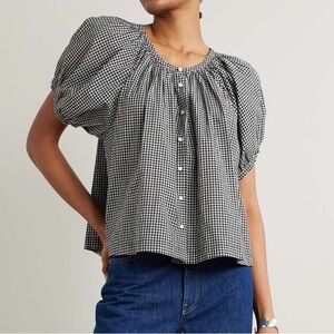 INDUSTRY BLACK COTTON GINGHAM PUFF SLEEVE JUNE TOP COASTAL COTTAGECORE Ivory S